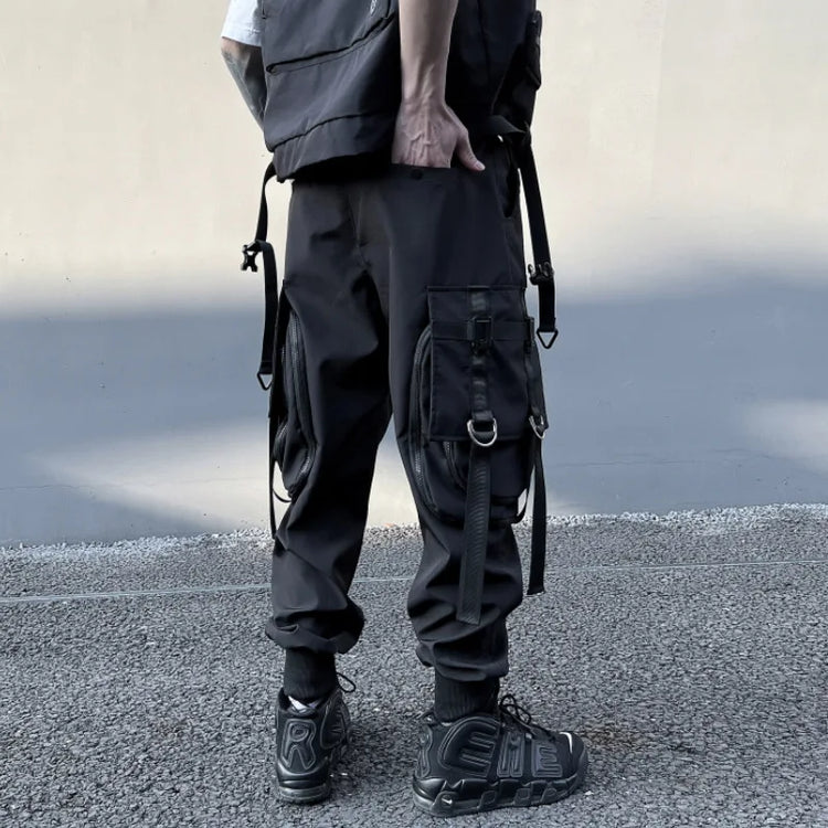 Hip Hop Tactical Cargo Pants Men Multi Pocket Ribbon Design Joggers Trousers 2023 Spring Functional Elastic Waist Pant Black