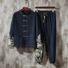 Completo Due Pezzi da Uomo, Nuovo Stile Primaverile in Lino, Comodo Completo Retrò Tang in Cotone Patchwork, Camicia Casual e Giacca Stampata Kung Fu