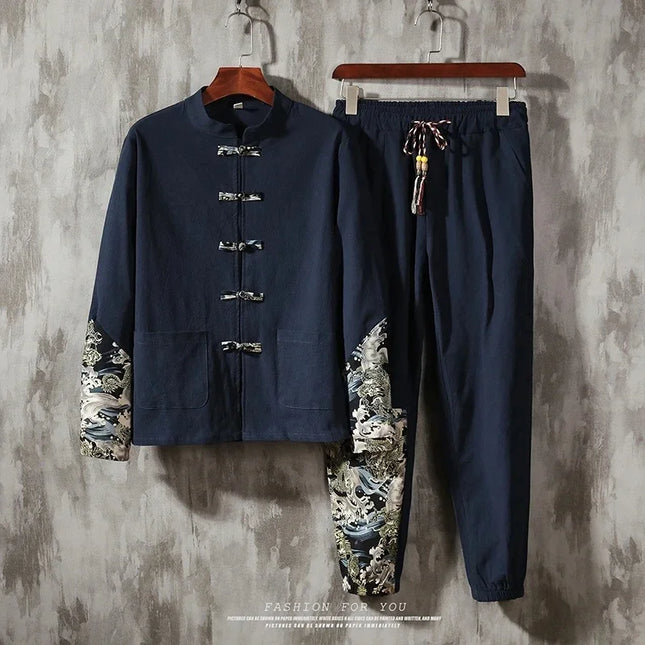 Herrenanzug zweiteilig, neuer Frühlingsstil aus Leinen, bequemer Retro-Tang-Anzug aus Baumwoll-Patchwork, Freizeit-Hemd und bedruckte Kung-Fu-Jacke