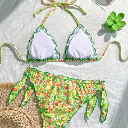 Nuovo Set Bikini Donna Estivo con Stampa Floreale Arancione, Halter con Volant, Push-Up e Perizoma con Laccetti Laterali PlatiNum