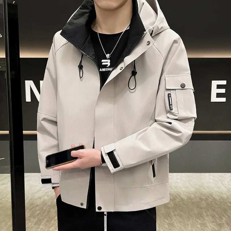 New Men's Fashion Casual Jackets Hooded Solid Zipper Pockets Camping Jackets Spring Autumn Brand Male Outdoor Sport Windbreaker