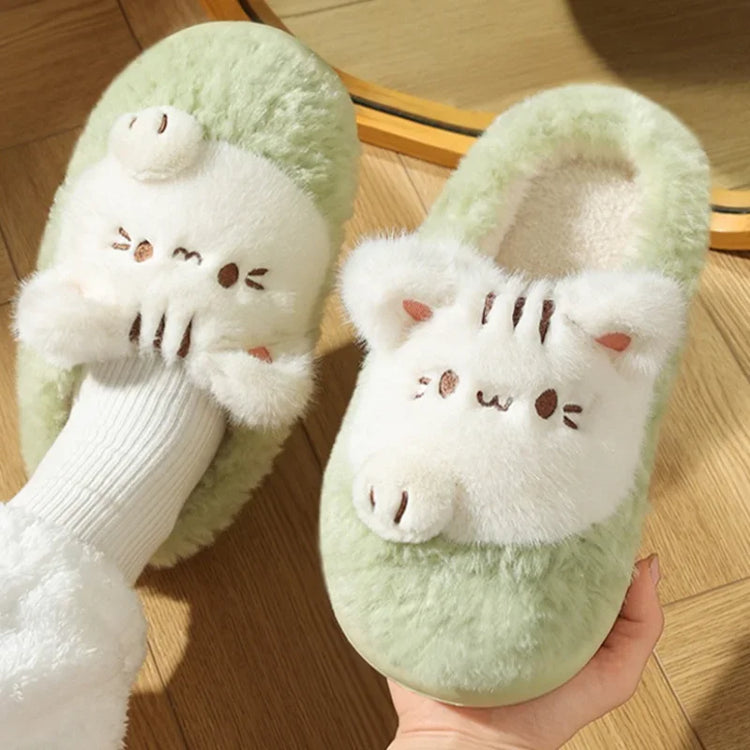 Women's Cute Cat Plush Cotton Slippers Autumn & Winter Home Anti Slip Thick Bottom Cotton Slippers Soft and Warm Indoor Slippers