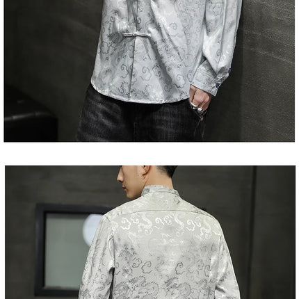 Giacca Tang di alta qualità da uomo camicetta con colletto alla coreana in argento elegante abbigliamento cinese rosso camicie Casual da uomo in raso di seta blu di grandi dimensioni