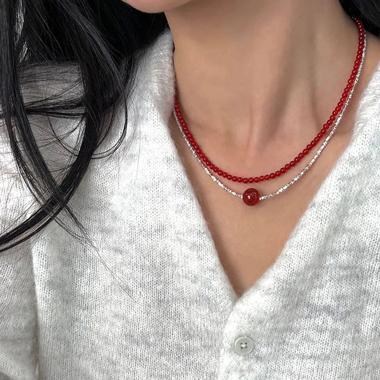 Minar French Silver Water Wave Chain Red Agate Beads Heart Beaded Pendant Necklaces for Women Gold Silver Plated Sweater Chain PlatiNum