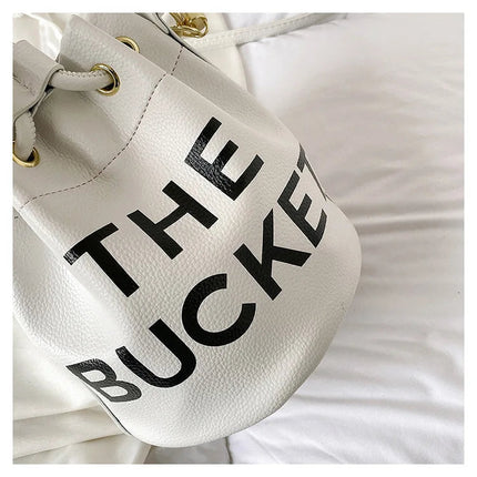 Spring New Fashion Letter PU Leather Bucket Bag Women Simple City Style Shoulder Handbag Trendy Crossbody Satchel Handbag PlatiNum