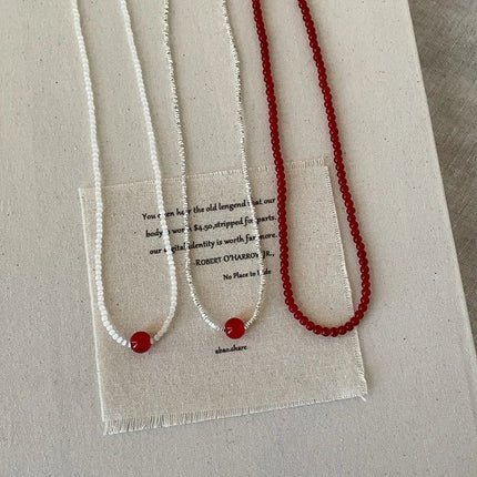 Minar French Silver Water Wave Chain Red Agate Beads Heart Beaded Pendant Necklaces for Women Gold Silver Plated Sweater Chain PlatiNum