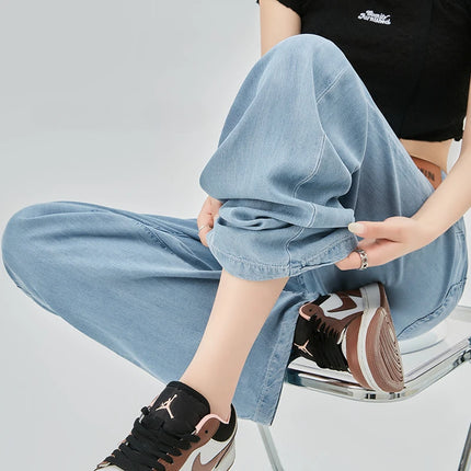 Jeans estivi donna seta ghiaccio vita alta blu sciolto moda coreana semplice tempo libero tutto-fiammifero quotidiano gamba larga elegante Trendy Chic