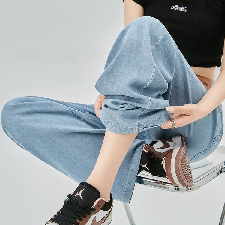 Jeans estivi donna seta ghiaccio vita alta blu sciolto moda coreana semplice tempo libero tutto-fiammifero quotidiano gamba larga elegante Trendy Chic