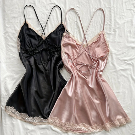 Camicia da notte da donna in due pezzi patchwork di pizzo, set pigiama sexy e confortevole per donna