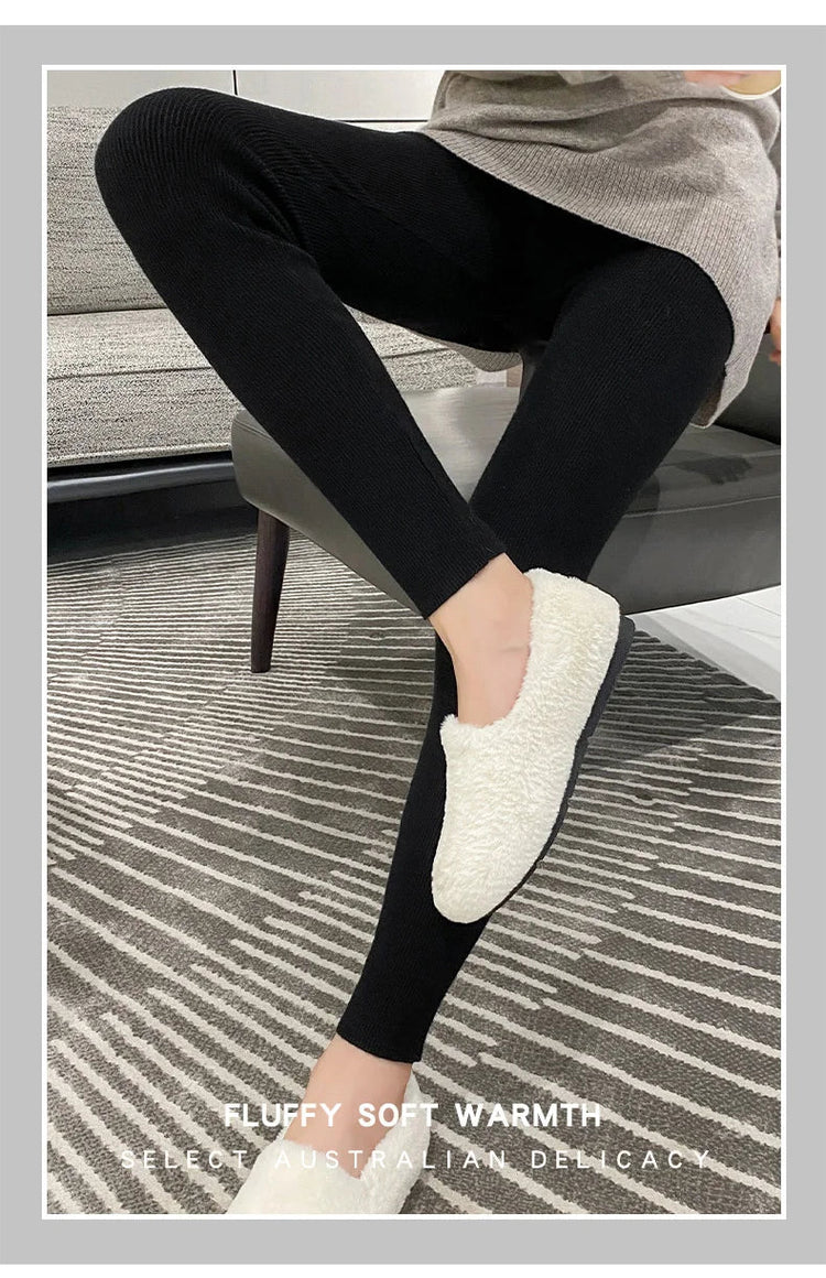 Autumn Winter Women Wool Thickening Leggings High Waist Ribbed Vertical Stripe Casual Knitted Leggings Warm Wear out Pantyhose PlatiNum