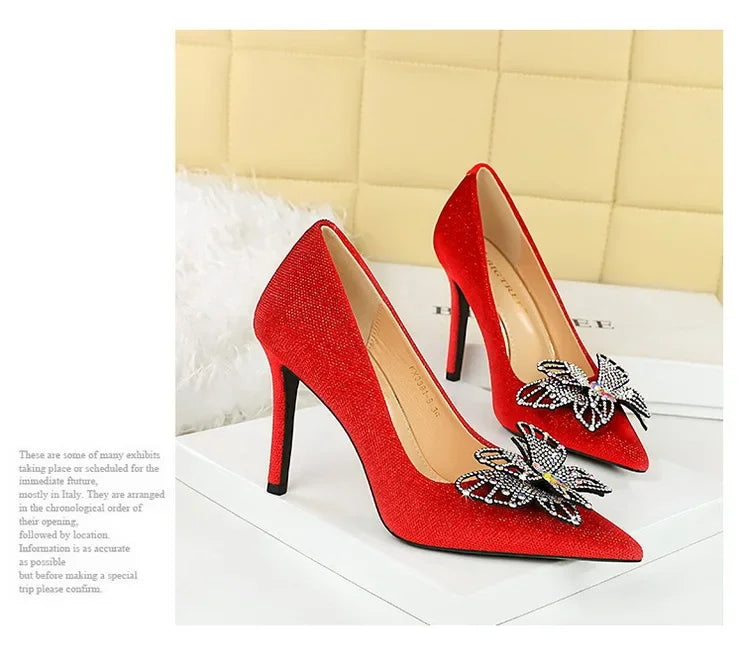 NUOVE Décolleté da donna con strass Tacchi alti a farfalla 10 CM Tacchi a spillo da donna in pelle scamosciata Scarpe da banchetto di lusso Scarpe da sposa di moda