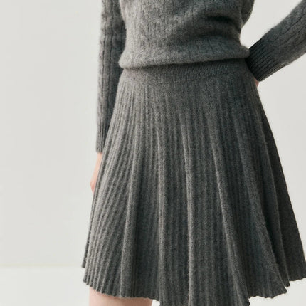 Chic Women's Pleated Skirt 100% Merino Wool Sweater  Knit Short Skirt Mini Skirts Autumn Winter Umbrella Wave Skirt Sweet Dress PlatiNum