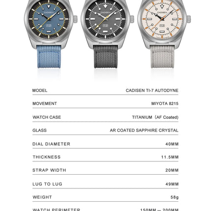 CADISEN TI-7 Autodyne Titanium Steel Automatic Mechanical Canvas Wristwatch MIYOTA 8215 Luminous Sapphire Waterproof Man Watches