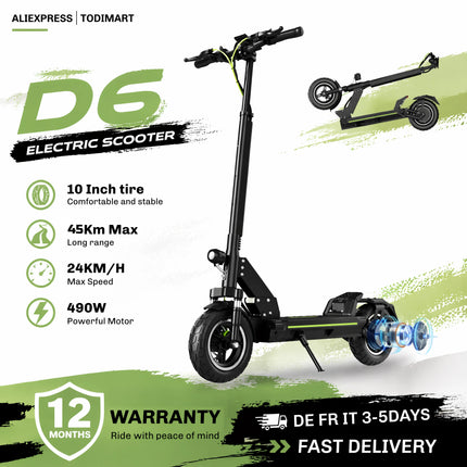 Monopattino Elettrico TODIMART D6 per Adulti, Pneumatici Fuoristrada da 10 Pollici, Autonomia 45-50KM, Batteria 48V 13AH, Motore 500W, Monopattino Elettrico Pieghevole, Doppi Freni e Sospensioni, 3 Modalità di Velocità