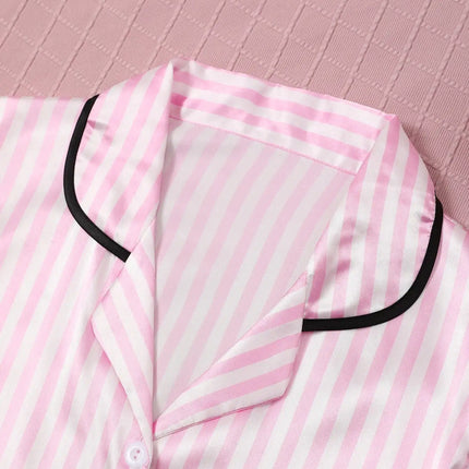Pigiama da donna in raso di seta Set da studente a maniche corte Homewear Cardigan in due pezzi Risvolto Senso senior di strisce rosa di grandi dimensioni platinumshop