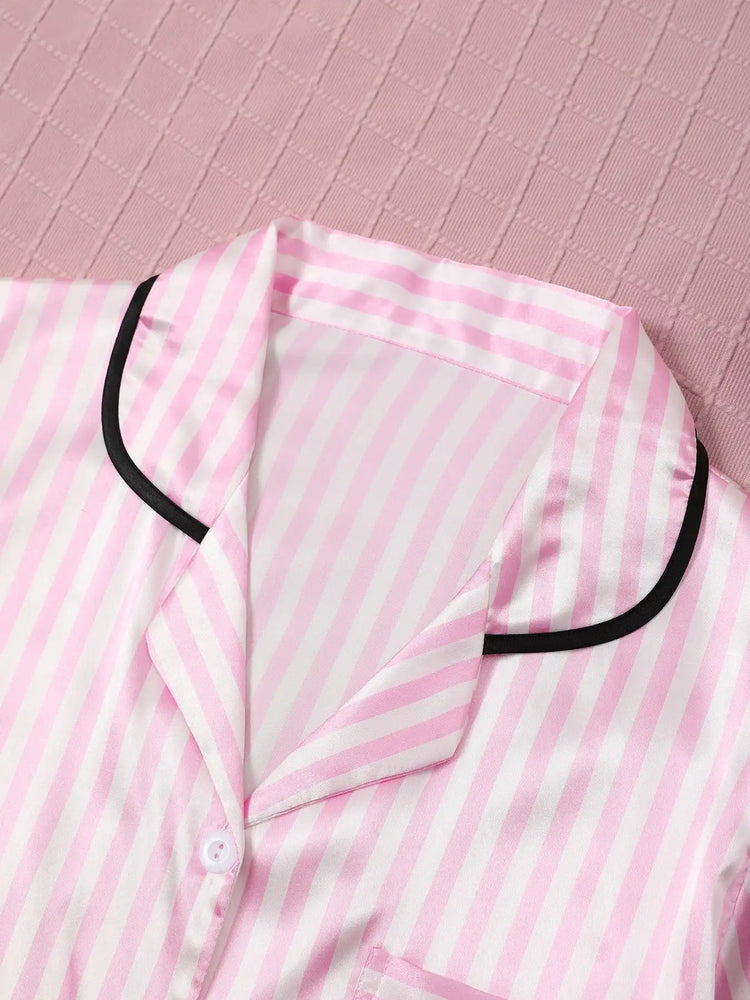 Pigiama da donna in raso di seta Set da studente a maniche corte Homewear Cardigan in due pezzi Risvolto Senso senior di strisce rosa di grandi dimensioni platinumshop