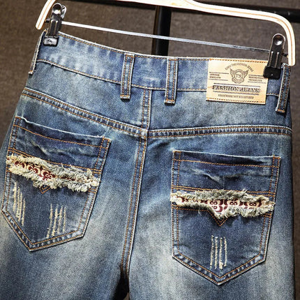 Men Ripped Short Jeans Summer Cotton Knee Length Shorts Breathable Vintage Denim Pants Painted Graffiti Streetwear Cargo Jeans PlatiNum