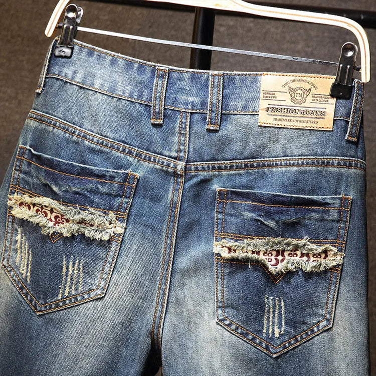 Men Ripped Short Jeans Summer Cotton Knee Length Shorts Breathable Vintage Denim Pants Painted Graffiti Streetwear Cargo Jeans PlatiNum