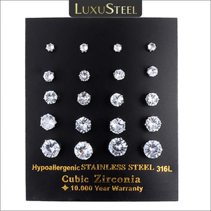 LUXUSTEEL 10 paia/set 3-10mm Orecchini in cristallo bianco trasparente per donna uomo Acciaio inossidabile Zircone CZ Piercing all'orecchio all'ingrosso platinumshop