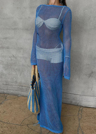 Abito lungo a maniche lunghe senza schienale lavorato a maglia di nuovo stile Abito lungo da donna per le vacanze al mare Copricostume trasparente per protezione solare platinumshop