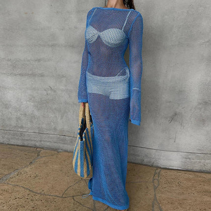 Abito lungo a maniche lunghe senza schienale lavorato a maglia di nuovo stile Abito lungo da donna per le vacanze al mare Copricostume trasparente per protezione solare platinumshop