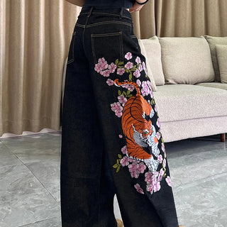 1 paio di jeans larghi vintage americani con ricamo di tigre e fiori, pantaloni neri a gamba larga s