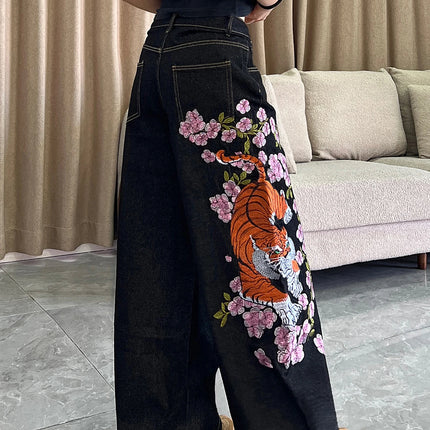 1 paio di jeans larghi vintage americani con ricamo di tigre e fiori, pantaloni neri a gamba larga stile street hip-hop da donna
