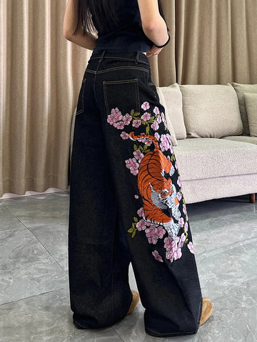 1 paio di jeans larghi vintage americani con ricamo di tigre e fiori, pantaloni neri a gamba larga s