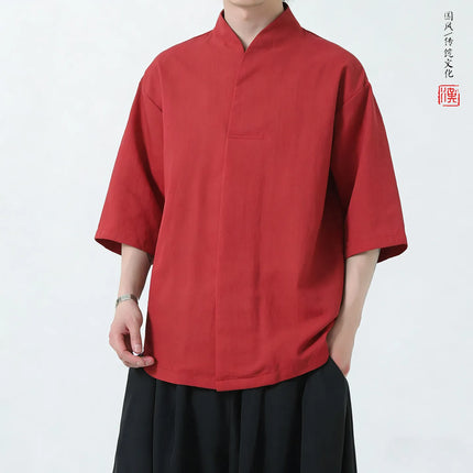 Camicie da uomo estive in lino di alta qualità, tinta unita, a maniche corte, stile cinese tradizionale, per Kung Fu e Tai Chi