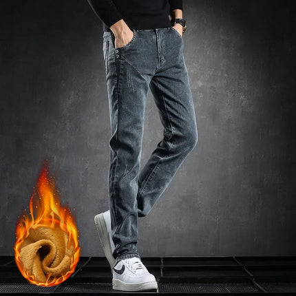 Men's Winter Warm Fleece Lined Jeans Washed Cotton Slightly Stretch Slim Fit Casual Grey Denim Pants Daily Versatile Trousers