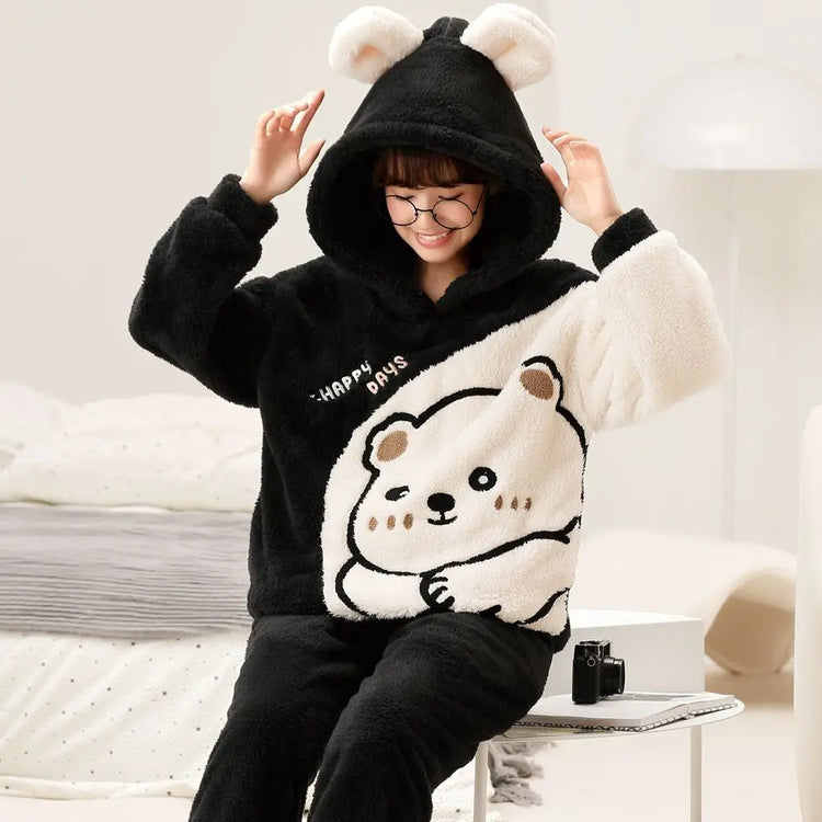 Cute Pajamas Set 2 Pieces Women Sleepwear Warm Winter Thick Coral Fleece Hooded Cartoon Girls Homewear Animal Pajamas Nighties