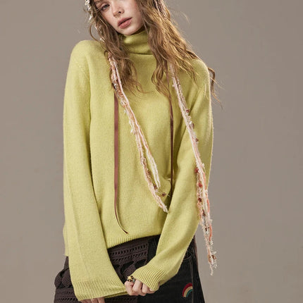 ELF SACK 2025 Winter New Solid Color Turtleneck Sweater Women, Romantic Cottagecore Fitted Long Sleeve Wool Blend Pullover PlatiNum