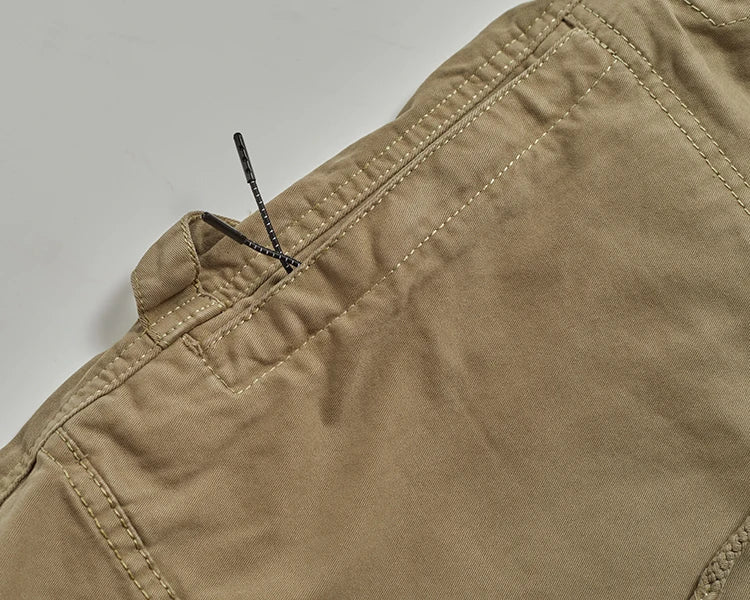 Autumn New American Retro Woven Cargo Pants Men's 97.5% Cotton Washed Elastic Waist Drawstring Loose Casual Anke-tied Trousers