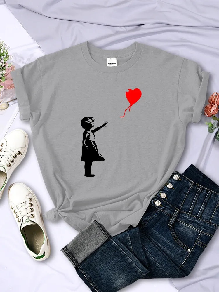 Fly Amore Palloncini Stampe T-shirt da donna Morbida e traspirante Manica corta Street Hip Hop Trend Top Casual T-shirt femminile Abbigliamento