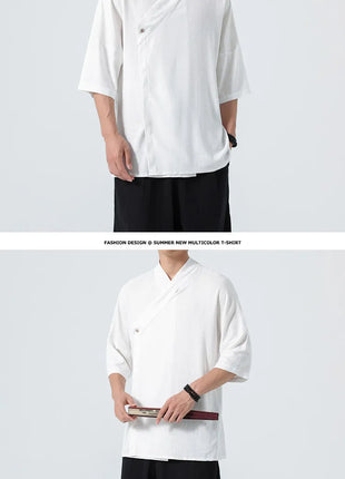 Camicie Estive 2026 da Uomo, Stile Cinese Retrò Tradizionale in Lino Traspirante, Abbigliamento Maschile per Kung Fu e Tai Chi, Bluse Casual Stile Tang