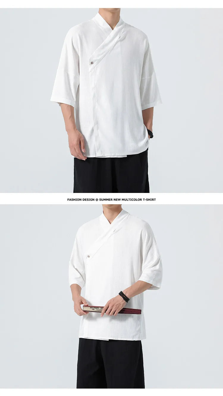 Camicie Estive 2026 da Uomo, Stile Cinese Retrò Tradizionale in Lino Traspirante, Abbigliamento Maschile per Kung Fu e Tai Chi, Bluse Casual Stile Tang