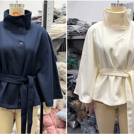 Women Lace Up High Neck Jackets for Women with Belt Elegant Windbreaker Faux Wool Blends Cape Korean Solid Windbreaker Cloak
