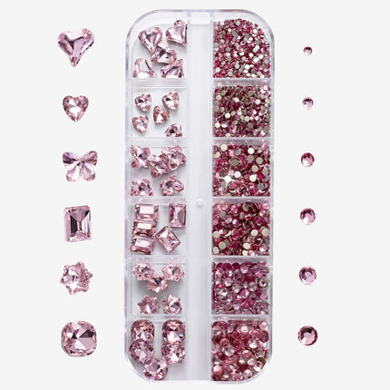 12 Grids 3D Pink Valentine's Diamond for Nails Art Bling Love Heart Oval Square Glass Rhinestones DIY Manicure Decorations