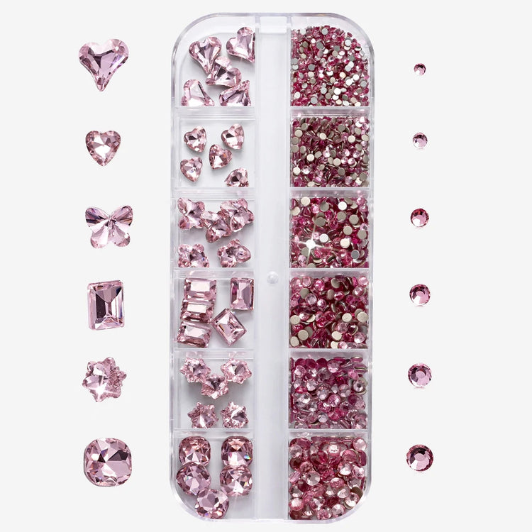 12 Grids 3D Pink Valentine's Diamond for Nails Art Bling Love Heart Oval Square Glass Rhinestones DIY Manicure Decorations