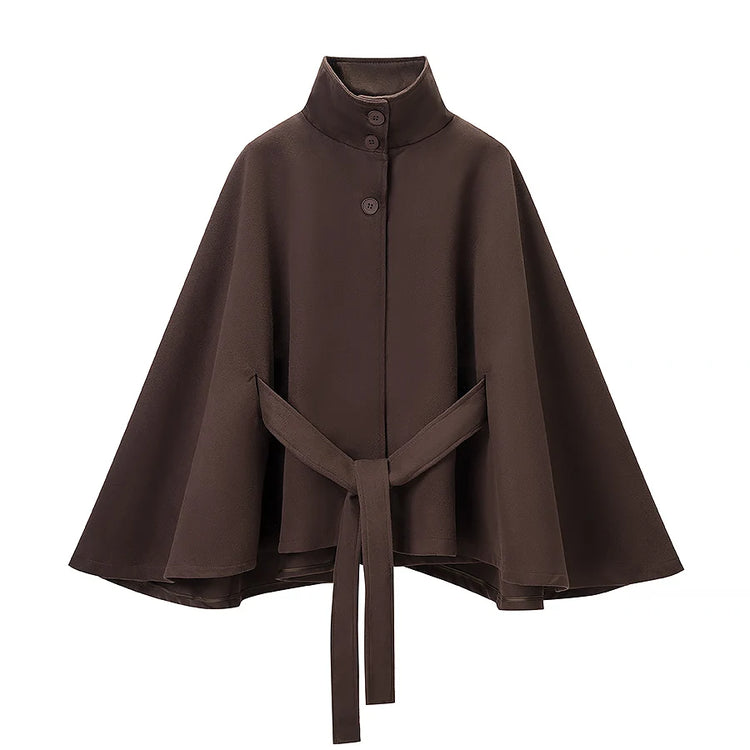 5 Colors New Autumn High Collar Woolen Cape Coat Tie Bow Sashes Long Bat Sleeve Front Buttons Cloak Shawl Jacket Loose Outerwear