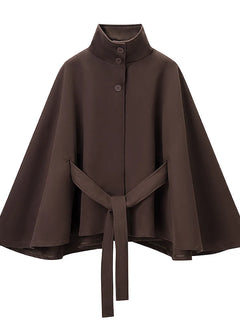 5 Colors New Autumn High Collar Woolen Cape Coat Tie Bow Sashes Long Bat Sleeve Front Buttons Cloak Shawl Jacket Loose Outerwear