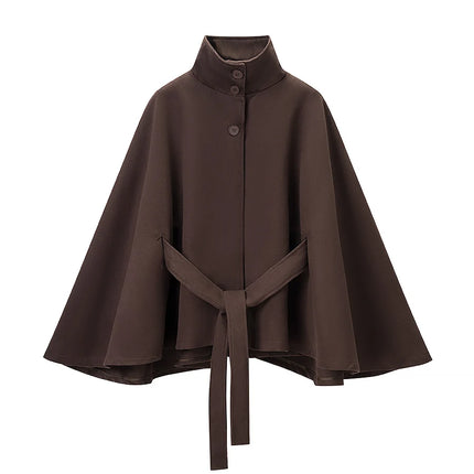 5 Colors New Autumn High Collar Woolen Cape Coat Tie Bow Sashes Long Bat Sleeve Front Buttons Cloak Shawl Jacket Loose Outerwear