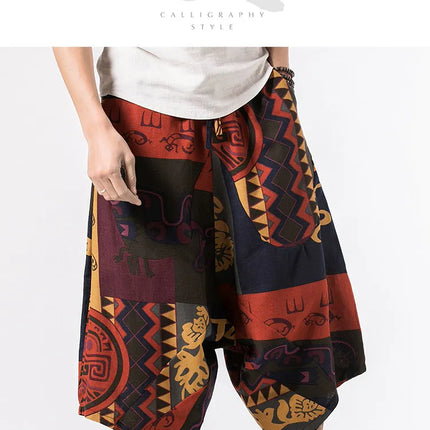 Pantaloncini Estivi Harajuku Larghi con Stampa, Traspiranti, Casual, Lunghezza al Polpaccio, Nuovi Pantaloni da Uomo in Cotone e Lino Oversize Stile Lanterna