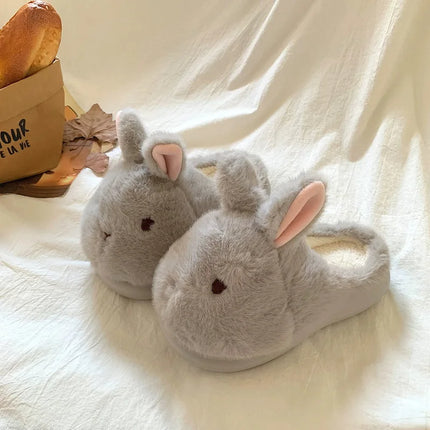 New Cute 3D Rabbit Furry Slippers Women Winter Warm Plush Closed Back House Shoes Non Slip Bunny Indoor Flip Flops Home Slipper