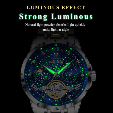 POEDAGAR Top Orologio da uomo originale Orologio meccanico automatico da uomo in acciaio inossidabile Calendario Hollow Tourbillon Orologio da uomo Maschio + scatola platinumshop