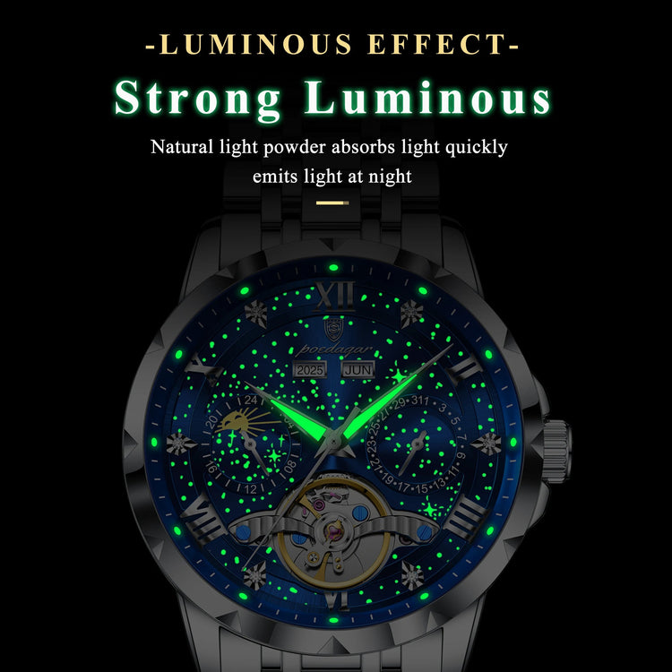 POEDAGAR Top Orologio da uomo originale Orologio meccanico automatico da uomo in acciaio inossidabile Calendario Hollow Tourbillon Orologio da uomo Maschio + scatola platinumshop
