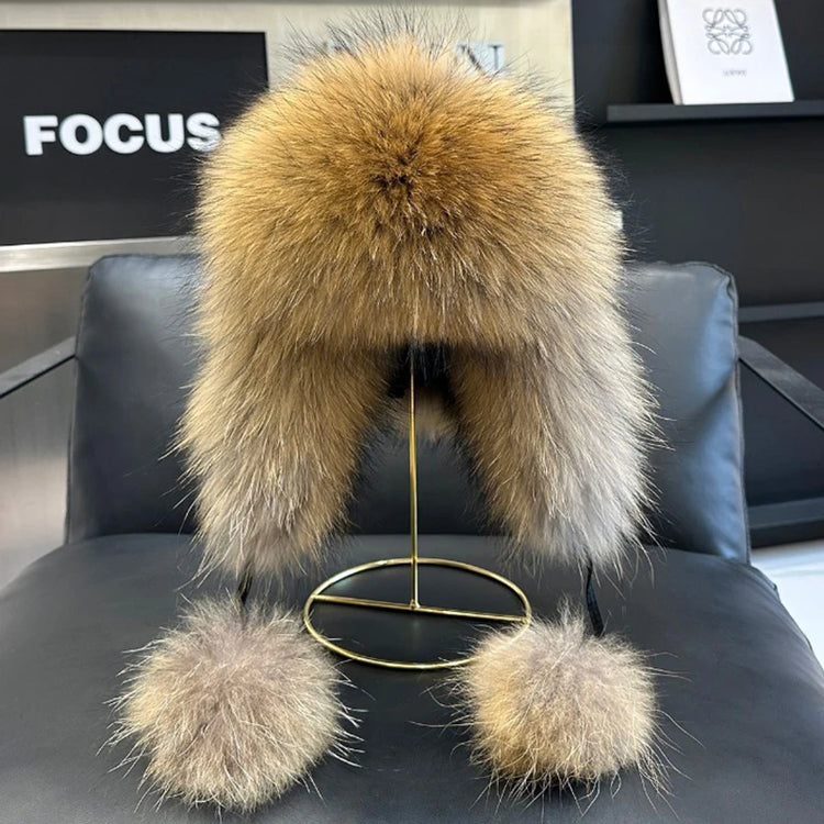 2026 100% Real Fox Fur Hats Women's Russian Ushanka Aviator Trapper Snow Skiing Hat Caps Earflap Winter Raccoon Fur Outerwear Ha