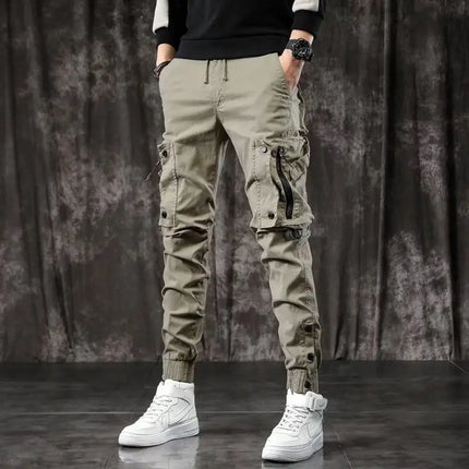 Men's High End Functional Cargo Pants Slim Fit Tapered Leg Spring Autumn Utility Workwear Design Elastic Cuff Sports Pants