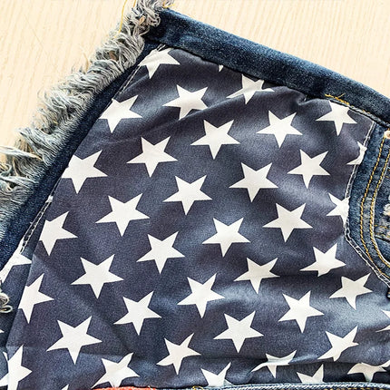 Shorts in denim da donna con stampa bandiera americana a stelle e strisce, finitura effetto invecchiato, Jean Shorts
