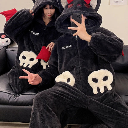 DAIMELU hooded male pajamas set men's cartoon winter thickened coral fleece flannel boy one-piece loungewear suit sleepwear